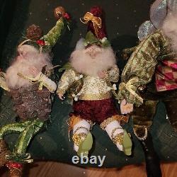 Mark Roberts Fairy Elf Santa Claus Figurine Doll Set Of (3) Mistletoe Pinecone