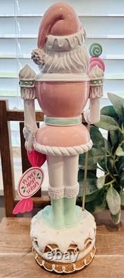 New SET Peppermint Square Pink Pastel Santa Nutcracker & Light-Up Gift Present
