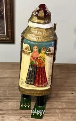 Ornate Wood Hand Made Russian Santa Claus Statue Figure Signed Folk Art Vintage