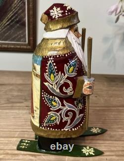 Ornate Wood Hand Made Russian Santa Claus Statue Figure Signed Folk Art Vintage