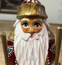 Ornate Wood Hand Made Russian Santa Claus Statue Figure Signed Folk Art Vintage