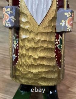 Ornate Wood Hand Made Russian Santa Claus Statue Figure Signed Folk Art Vintage