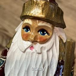 Ornate Wood Hand Made Russian Santa Claus Statue Figure Signed Folk Art Vintage