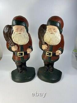 Pair Antique Cast Iron Santa Clause Xmas Door Stop Figure Sculpture Hubley 13