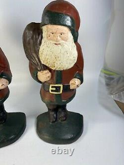 Pair Antique Cast Iron Santa Clause Xmas Door Stop Figure Sculpture Hubley 13