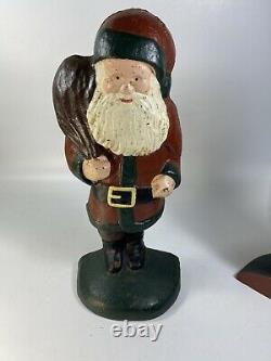 Pair Antique Cast Iron Santa Clause Xmas Door Stop Figure Sculpture Hubley 13