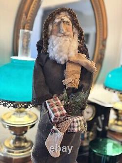 Primitive Grungy Santa Claus OOAK Handmade Vintage Style Signed By Artist 22 in