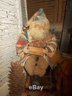 Primitive santa Claus Doll, Antique quilt, Handmade ONe of a Kind