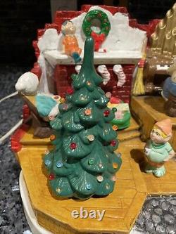 RARE HTF Vintage Ceramic Christmas Tree Santa Claus Elf House Snow Lighted Organ