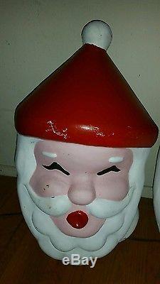 Rare 2 VINTAGE Blow Mold Santa Claus Head Outdoor Indoor Lamp Post Covers 24