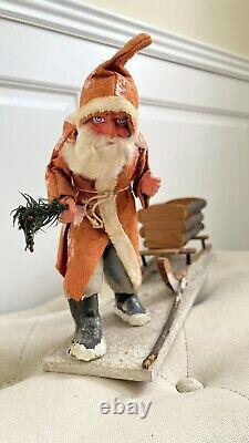 Rare Antique Papier-mâché German Belsnickle Christmas Santa Claus With Sleigh