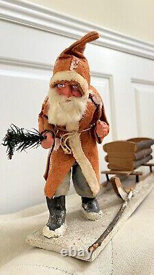 Rare Antique Papier-mâché German Belsnickle Christmas Santa Claus With Sleigh