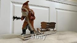 Rare Antique Papier-mâché German Belsnickle Christmas Santa Claus With Sleigh