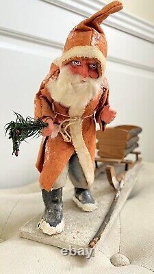 Rare Antique Papier-mâché German Belsnickle Christmas Santa Claus With Sleigh