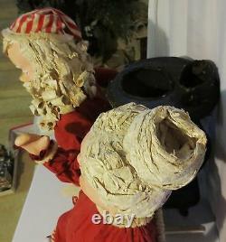 Rare Tall 31 Antique Santa & Mrs Claus Pot Belly Stove Paper Mache Figurines