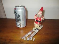 Rare Vintage Clay Face Santa Claus on Paper Skis & Mica Snow Germany