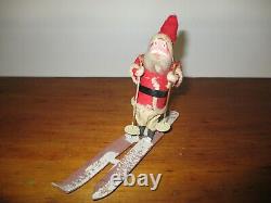 Rare Vintage Clay Face Santa Claus on Paper Skis & Mica Snow Germany