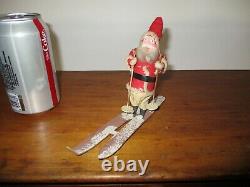 Rare Vintage Clay Face Santa Claus on Paper Skis & Mica Snow Germany