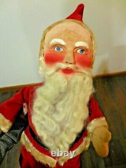 Rare Vtg 1950s SANTA CLAUS Doll Figure, Fabric Face & Body, Mohair Beard 24