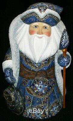 Remarkable Hand Carved & Painted Winter Blue Russian Santa Claus #3033