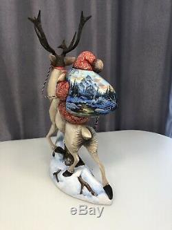 Russian Hand Carved Painted Wooden Wood Santa Claus and Deer 46cm 18.11