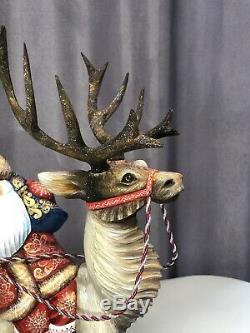 Russian Hand Carved Painted Wooden Wood Santa Claus and Deer 46cm 18.11