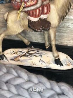 Russian Hand Carved Painted Wooden Wood Santa Claus and Moose 46cm 18.11