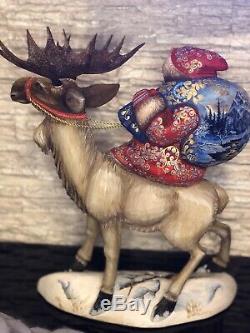 Russian Hand Carved Painted Wooden Wood Santa Claus and Moose 46cm 18.11
