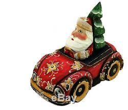 Russian Hand Painted Carved Santa Claus Figurine Driving Car With Tree Gift RARE