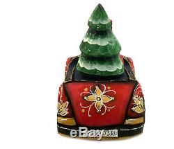 Russian Hand Painted Carved Santa Claus Figurine Driving Car With Tree Gift RARE