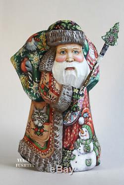 Russian Santa Claus Father Frost Wood Hand Carved Hand Painted SIGNED