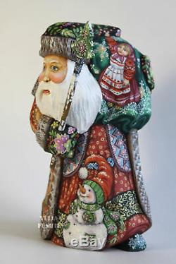 Russian Santa Claus Father Frost Wood Hand Carved Hand Painted SIGNED