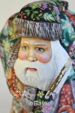 Russian Santa Claus Father Frost Wood Hand Carved Hand Painted SIGNED