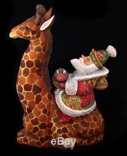 Russian Santa Claus Riding A Giraffe Hand Carved & Painted #0965
