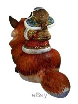 Russian Santa Ded Moroz RIDING A FOX Hand Carved & Painted #1046