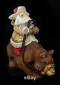 Russian Santa Ded Moroz riding a BEAR Hand Carved & Painted #0964