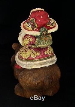 Russian Santa Ded Moroz riding a BEAR Hand Carved & Painted #0964
