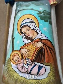 Russian Wooden Hand Carved/Painted Santa with Mary Baby Jesus Nativity 8.5 Signed