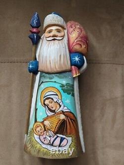 Russian Wooden Hand Carved/Painted Santa with Mary Baby Jesus Nativity 8.5 Signed