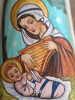 Russian Wooden Hand Carved/Painted Santa with Mary Baby Jesus Nativity 8.5 Signed