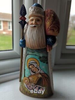 Russian Wooden Hand Carved/Painted Santa with Mary Baby Jesus Nativity 8.5 Signed