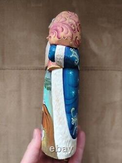 Russian Wooden Hand Carved/Painted Santa with Mary Baby Jesus Nativity 8.5 Signed