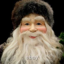 SANTA CLAUS FIGURE with EVERGREEN TREE / GLASS EYES / LODGE & CABIN / LARGE