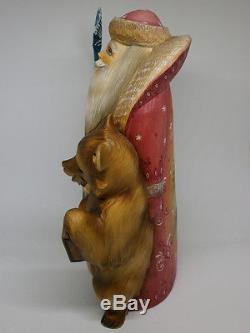 Santa Claus Christmas Bear Troika Wooden Carved Hand Painted Russian Ded Moroz