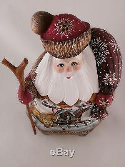 Santa Claus Christmas Gift Sack Troika Wooden Carved Hand Painted Ded Moroz