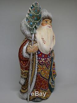 Santa Claus Christmas Gift Sack Wooden Carved Hand Painted Russian Ded Moroz