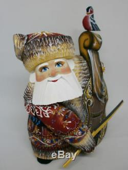 Santa Claus Christmas Musician ontrabass Carved Hand Painted Russian Ded Moroz