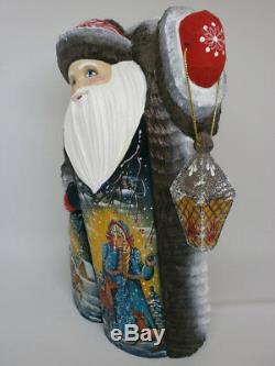 Santa Claus Christmas Sack Lantern Light Carved Hand Painted Russian Ded Moroz