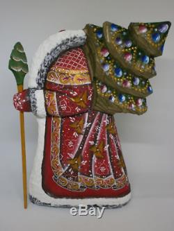 Santa Claus Christmas Tree Troika Wooden Carved Hand Painted Russian Ded Moroz