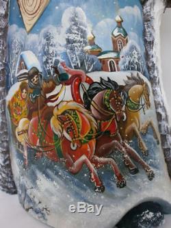 Santa Claus Christmas Tree Troika Wooden Carved Hand Painted Russian Ded Moroz